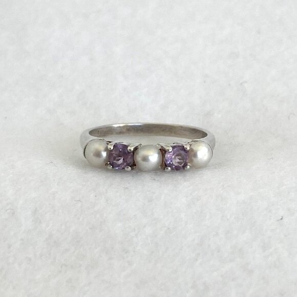 Sterling Silver 925 Multi Gemstone Round Amethyst Genuine Pearl Band Ring Sz 7 - Picture 1 of 16